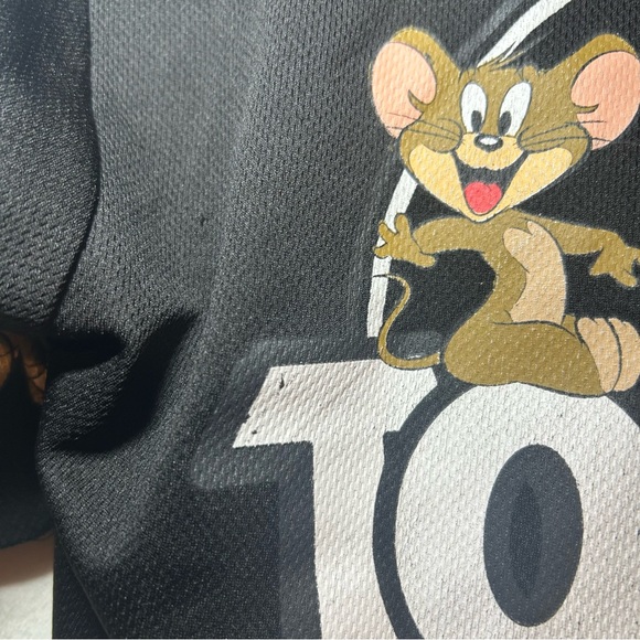 Tom & Jerry Size S Black Mesh Crop Top Jersey‎ Short Sleeve V Neck 3 Buttons - Picture 8 of 10